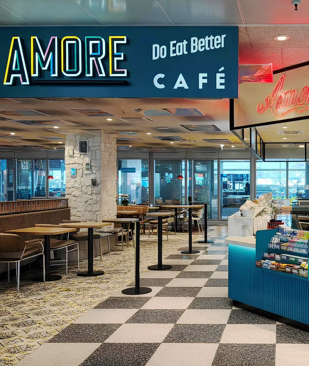 Direzione lavori, realizzazione opere murarie, sviluppo impianti tecnologici e creazione aree operative per il ristorante Amore Do Eat Better all'Aeroporto di Brindisi.